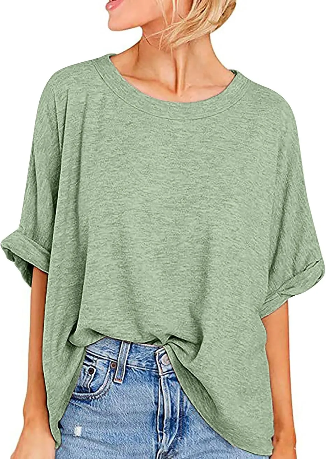 Womens Summer Oversized Tshirts Half Sleeve Crew Neck Tee Tops Fashion Casual Solid Shirt Loose Roll Up Comfy Blouse