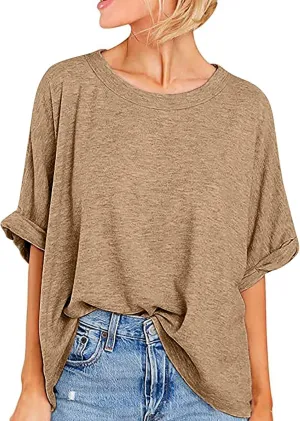 Womens Summer Oversized Tshirts Half Sleeve Crew Neck Tee Tops Fashion Casual Solid Shirt Loose Roll Up Comfy Blouse