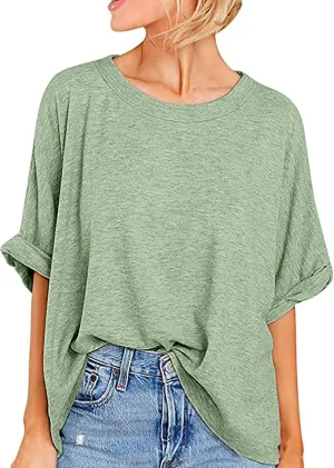 Womens Summer Oversized Tshirts Half Sleeve Crew Neck Tee Tops Fashion Casual Solid Shirt Loose Roll Up Comfy Blouse