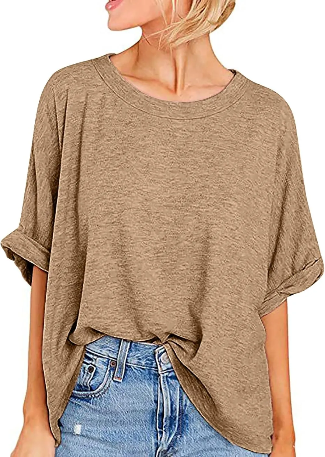 Womens Summer Oversized Tshirts Half Sleeve Crew Neck Tee Tops Fashion Casual Solid Shirt Loose Roll Up Comfy Blouse