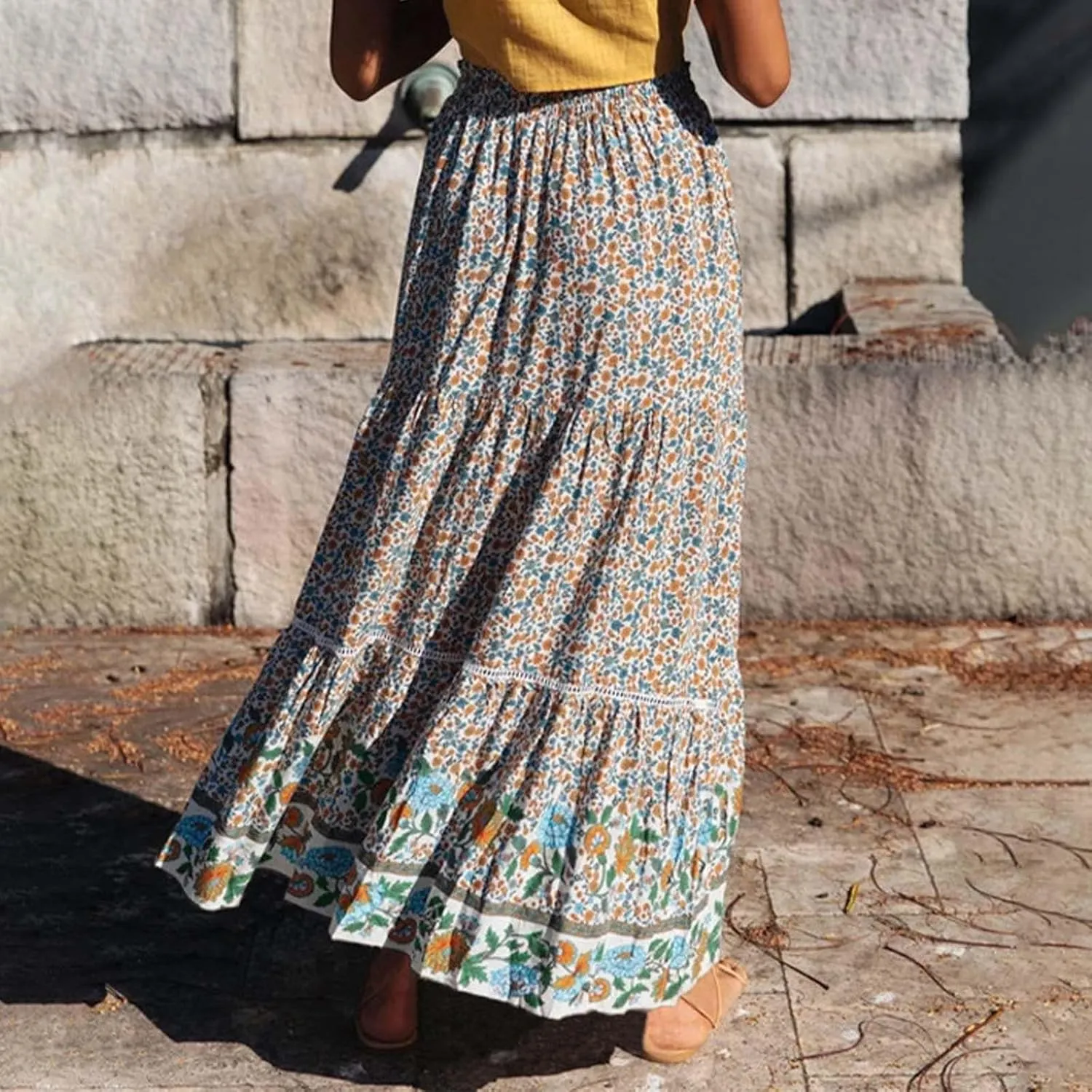 Womens Summer Skirts for Vacation 2025 High Waist Tummy Control Bohemian Floral Print Ruffles Pleated Maxi Skirts