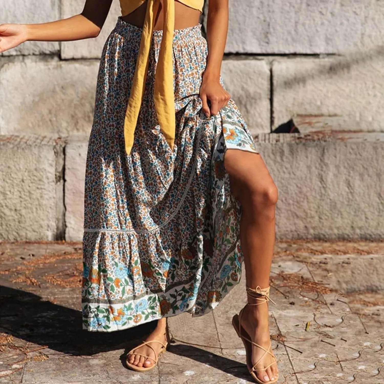 Womens Summer Skirts for Vacation 2025 High Waist Tummy Control Bohemian Floral Print Ruffles Pleated Maxi Skirts