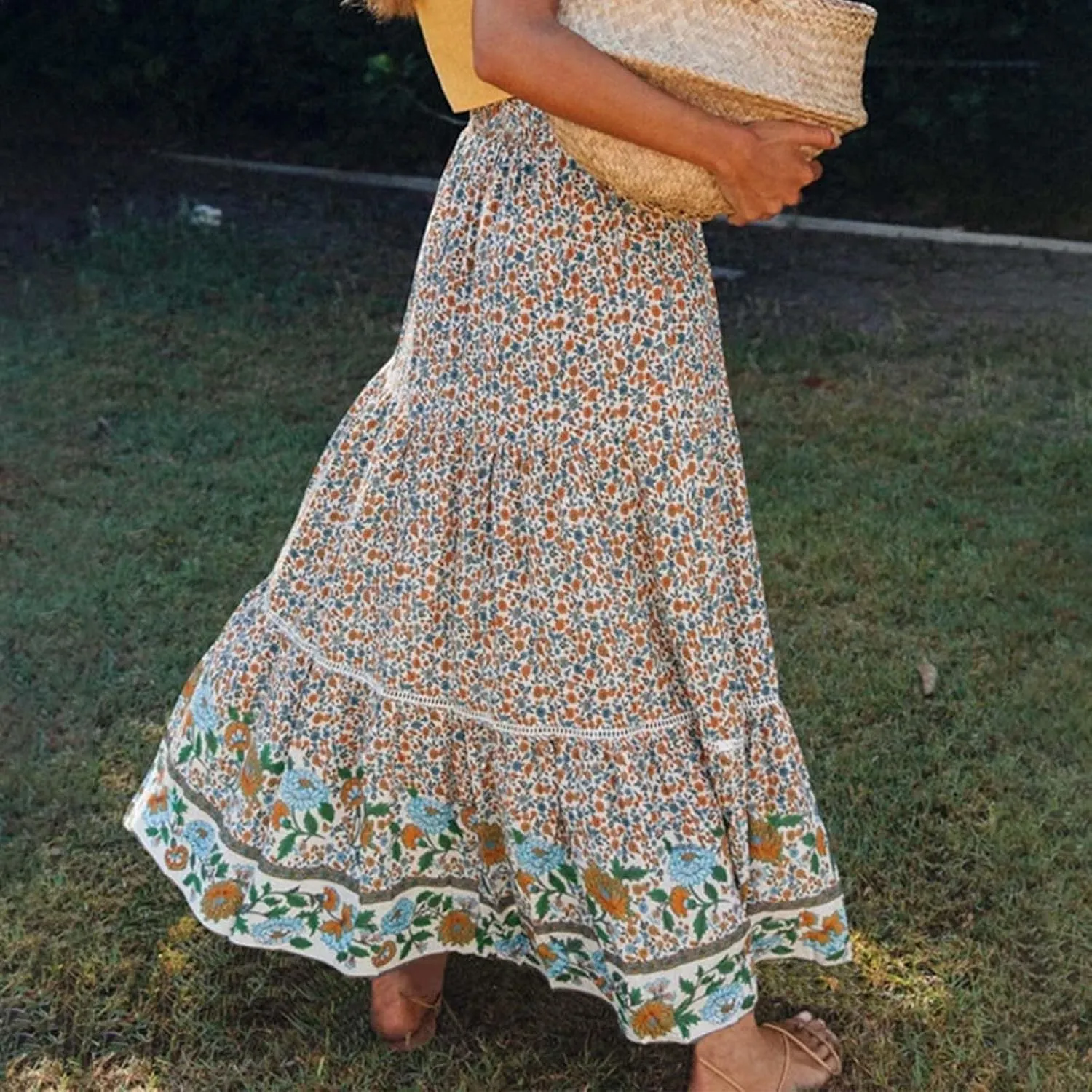 Womens Summer Skirts for Vacation 2025 High Waist Tummy Control Bohemian Floral Print Ruffles Pleated Maxi Skirts