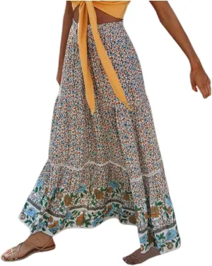 Womens Summer Skirts for Vacation 2025 High Waist Tummy Control Bohemian Floral Print Ruffles Pleated Maxi Skirts