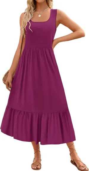 Womens Summer Sundress Crewneck Sleeveless Flowy Tiered Maxi Long Beach Dress Casual Vacation Outfits with Pockets