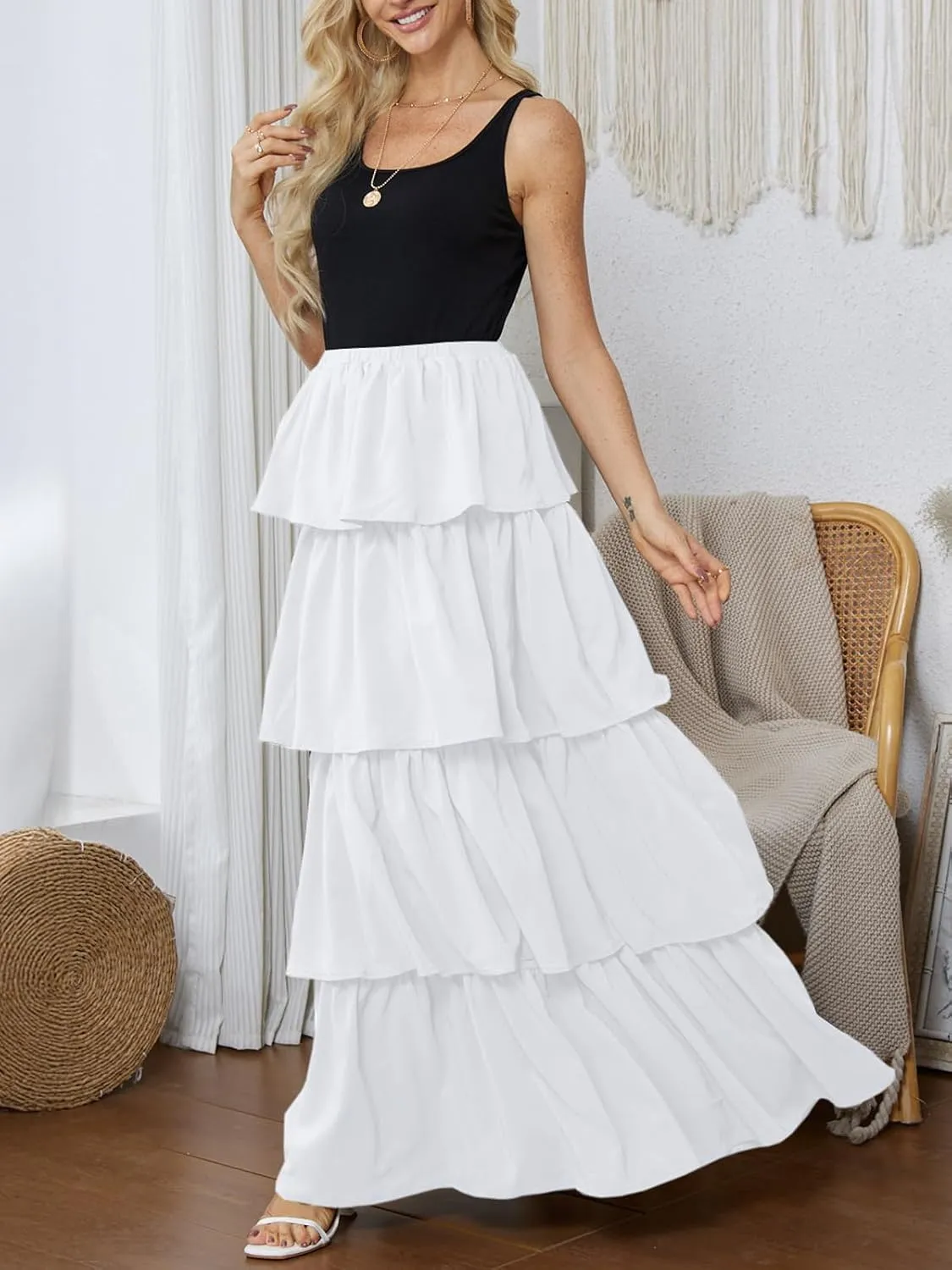 Womens Summer Tank Top Maxi Dress Smocked Ruffle Layered A Line Tiered Flowy Summer Casual Long Sundress