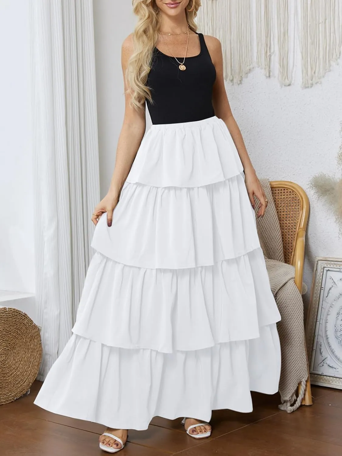 Womens Summer Tank Top Maxi Dress Smocked Ruffle Layered A Line Tiered Flowy Summer Casual Long Sundress