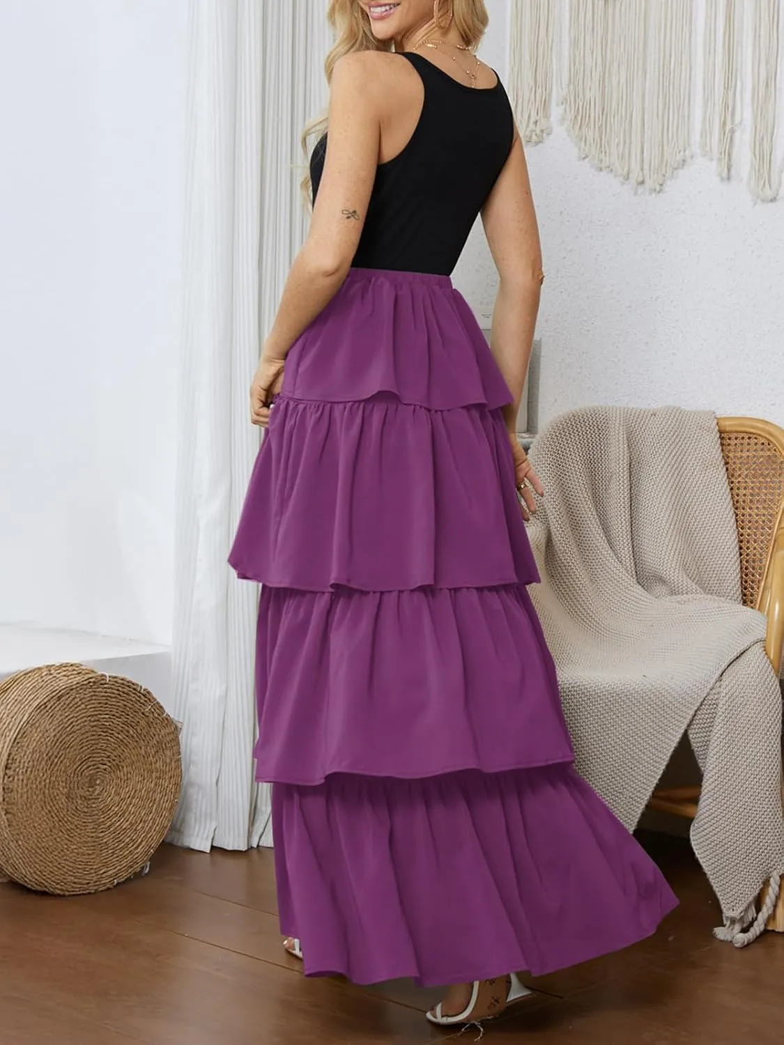 Womens Summer Tank Top Maxi Dress Smocked Ruffle Layered A Line Tiered Flowy Summer Casual Long Sundress