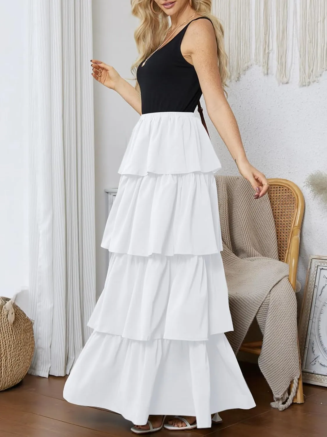 Womens Summer Tank Top Maxi Dress Smocked Ruffle Layered A Line Tiered Flowy Summer Casual Long Sundress