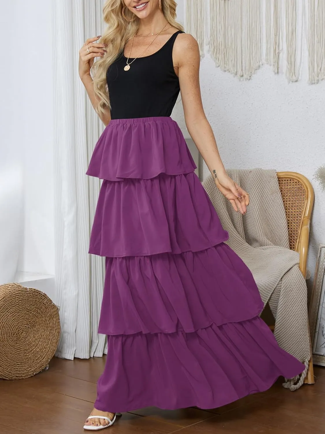 Womens Summer Tank Top Maxi Dress Smocked Ruffle Layered A Line Tiered Flowy Summer Casual Long Sundress