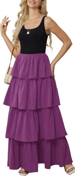 Womens Summer Tank Top Maxi Dress Smocked Ruffle Layered A Line Tiered Flowy Summer Casual Long Sundress