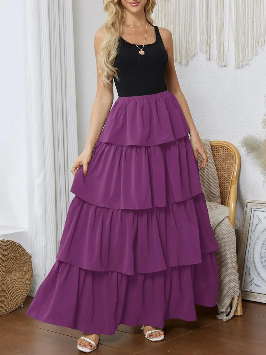 Womens Summer Tank Top Maxi Dress Smocked Ruffle Layered A Line Tiered Flowy Summer Casual Long Sundress