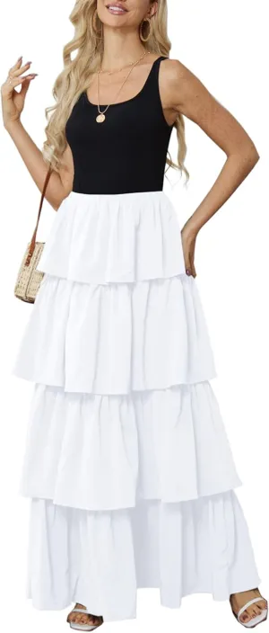 Womens Summer Tank Top Maxi Dress Smocked Ruffle Layered A Line Tiered Flowy Summer Casual Long Sundress