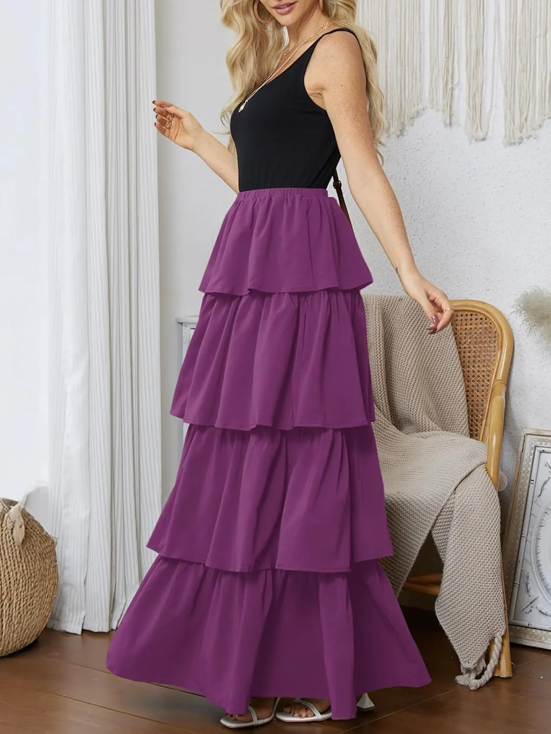 Womens Summer Tank Top Maxi Dress Smocked Ruffle Layered A Line Tiered Flowy Summer Casual Long Sundress