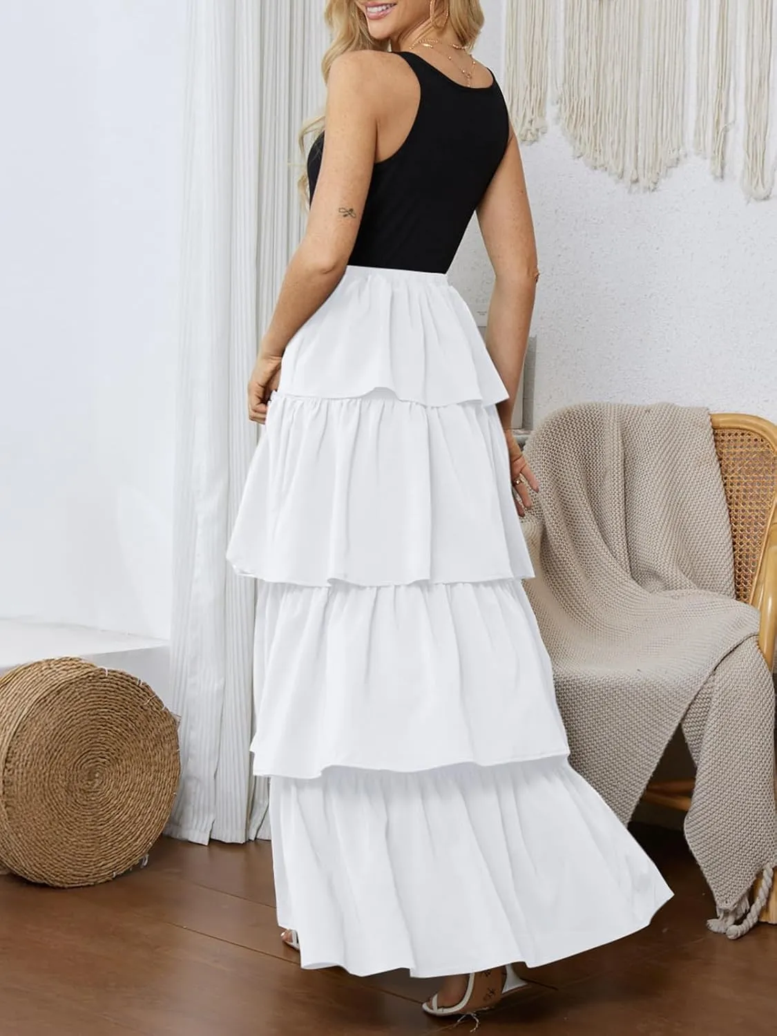 Womens Summer Tank Top Maxi Dress Smocked Ruffle Layered A Line Tiered Flowy Summer Casual Long Sundress