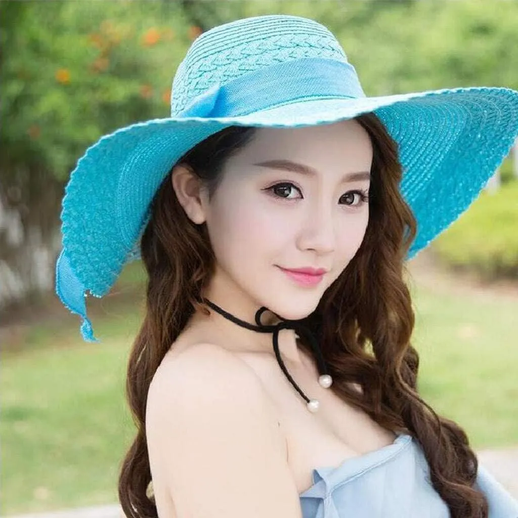 Womens Sun Straw Hat Wide Brim UPF 50 Summer Foldable Roll up Floppy Beach Hats Outdoor Sun Hats for Women