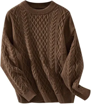 Womens Sweater Cable Knit Solid Color Round Neck Long Sleeve Casual Soft Loose Fit Sweaters Tops