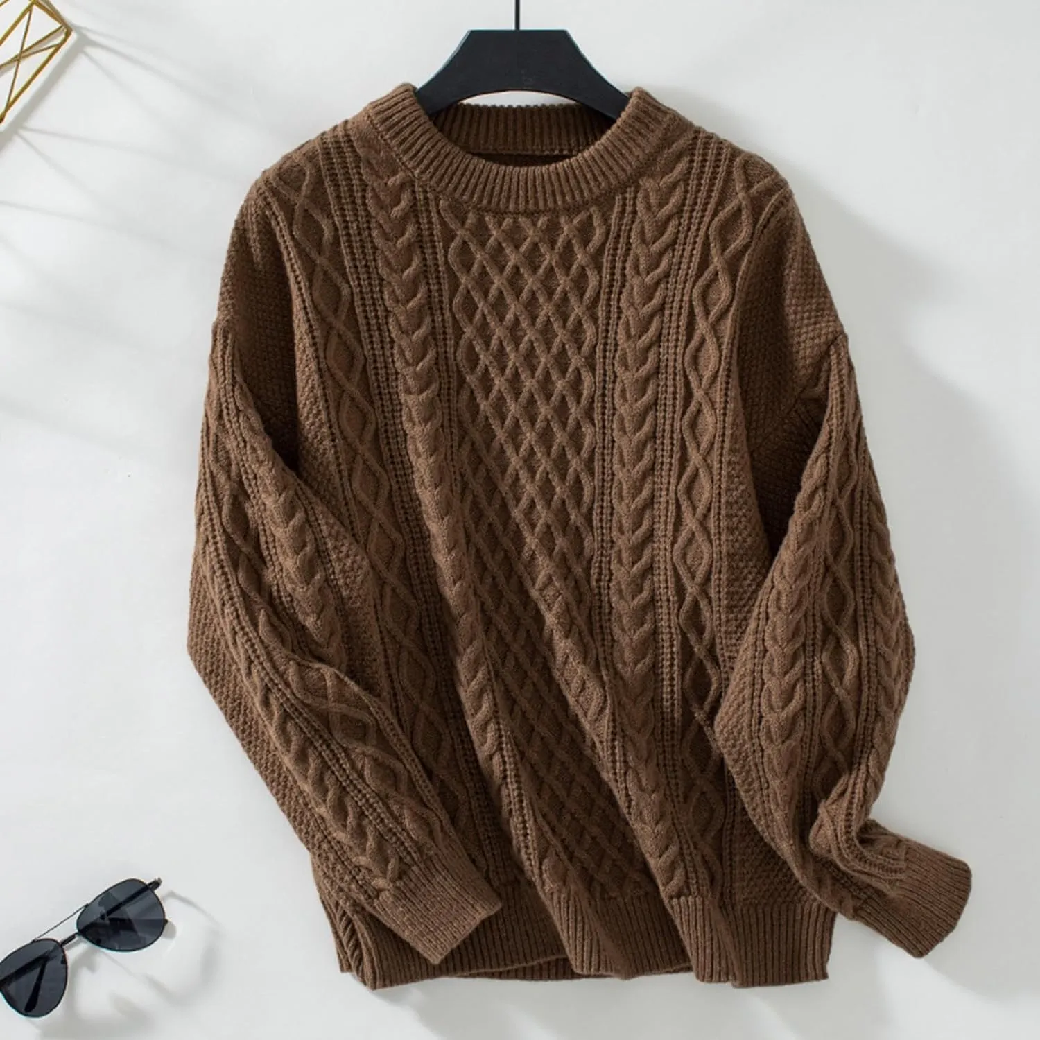 Womens Sweater Cable Knit Solid Color Round Neck Long Sleeve Casual Soft Loose Fit Sweaters Tops