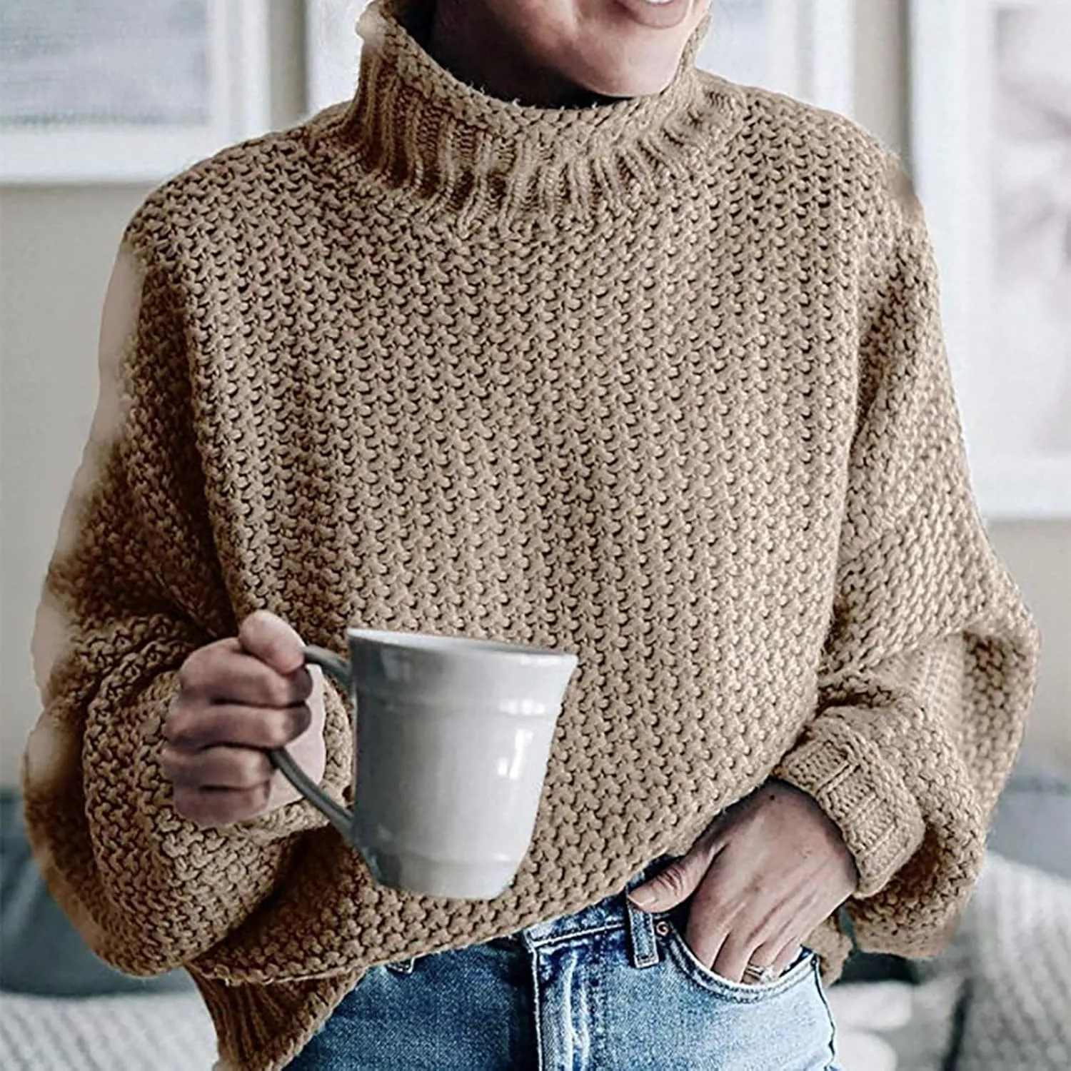 Womens Turtleneck Oversized Long Sleeve Fall Sweater 2023 Plus Size Tunic Pullover Mock Neck Sweaters Ribbed Knit Tops
