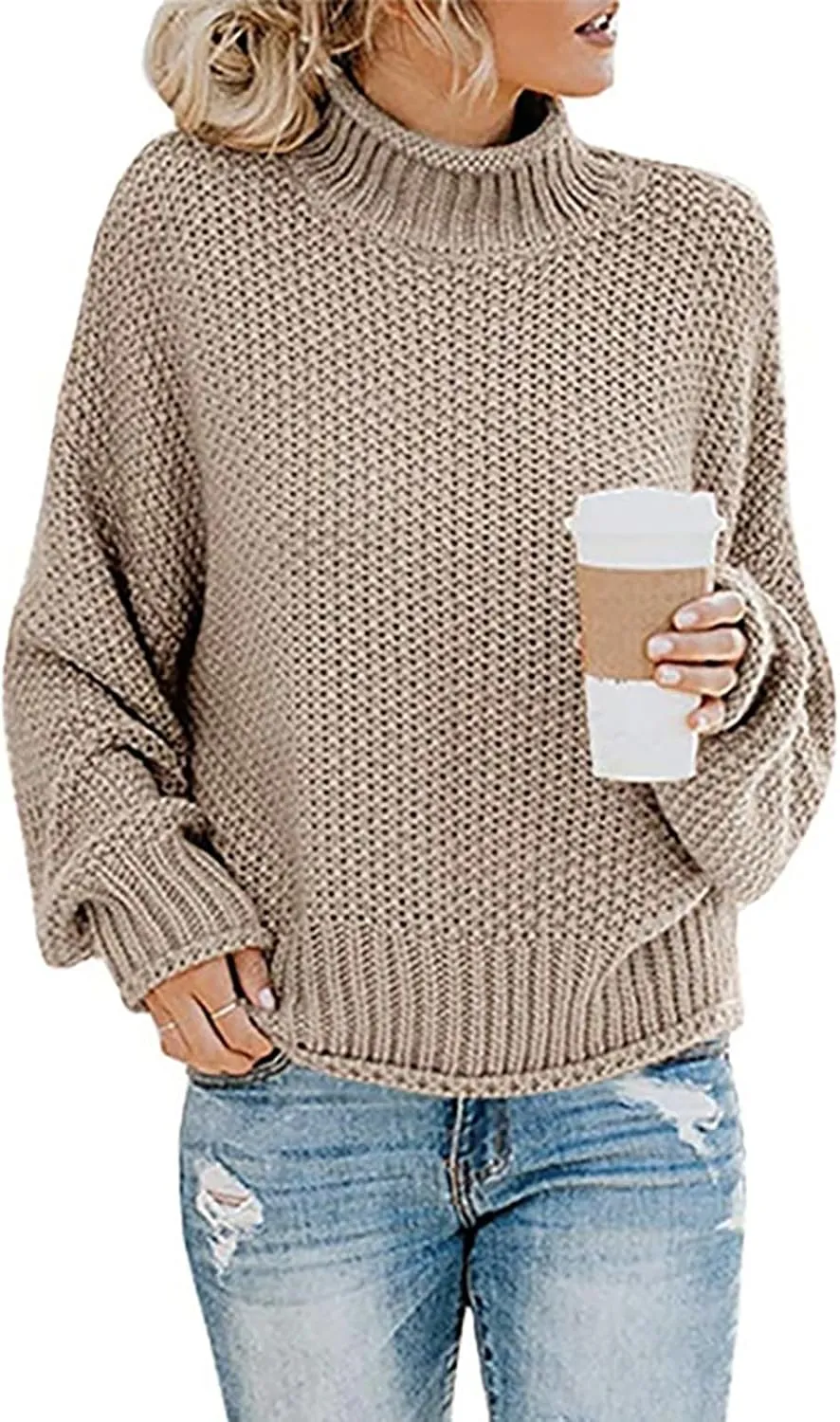 Womens Turtleneck Oversized Long Sleeve Fall Sweater 2023 Plus Size Tunic Pullover Mock Neck Sweaters Ribbed Knit Tops