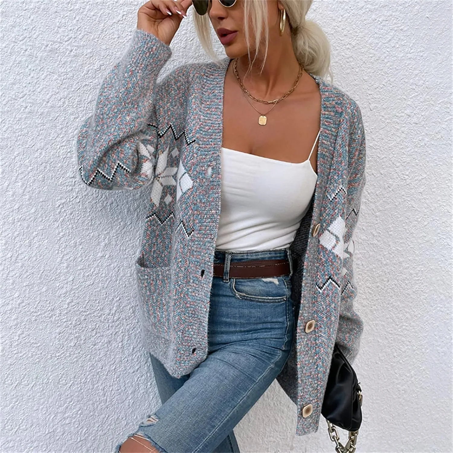 Womens Ugly Christmas Sweater Open Front Cardigan Button Sweaters V Neck Knit Jacket Winter Fall Coat Outwear