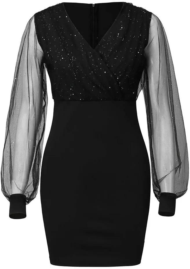 Women's V Neck Sexy Semi-Sheer Long Sleeve Bodycon Mini Dress Sparkly Sequin Ruched Evening Party Going Out Dresses