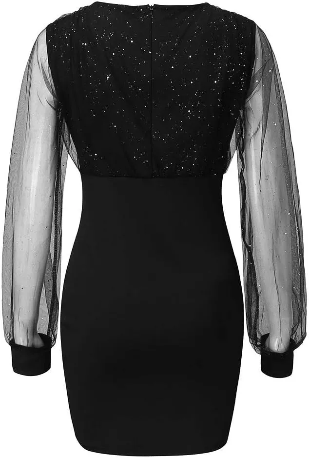 Women's V Neck Sexy Semi-Sheer Long Sleeve Bodycon Mini Dress Sparkly Sequin Ruched Evening Party Going Out Dresses