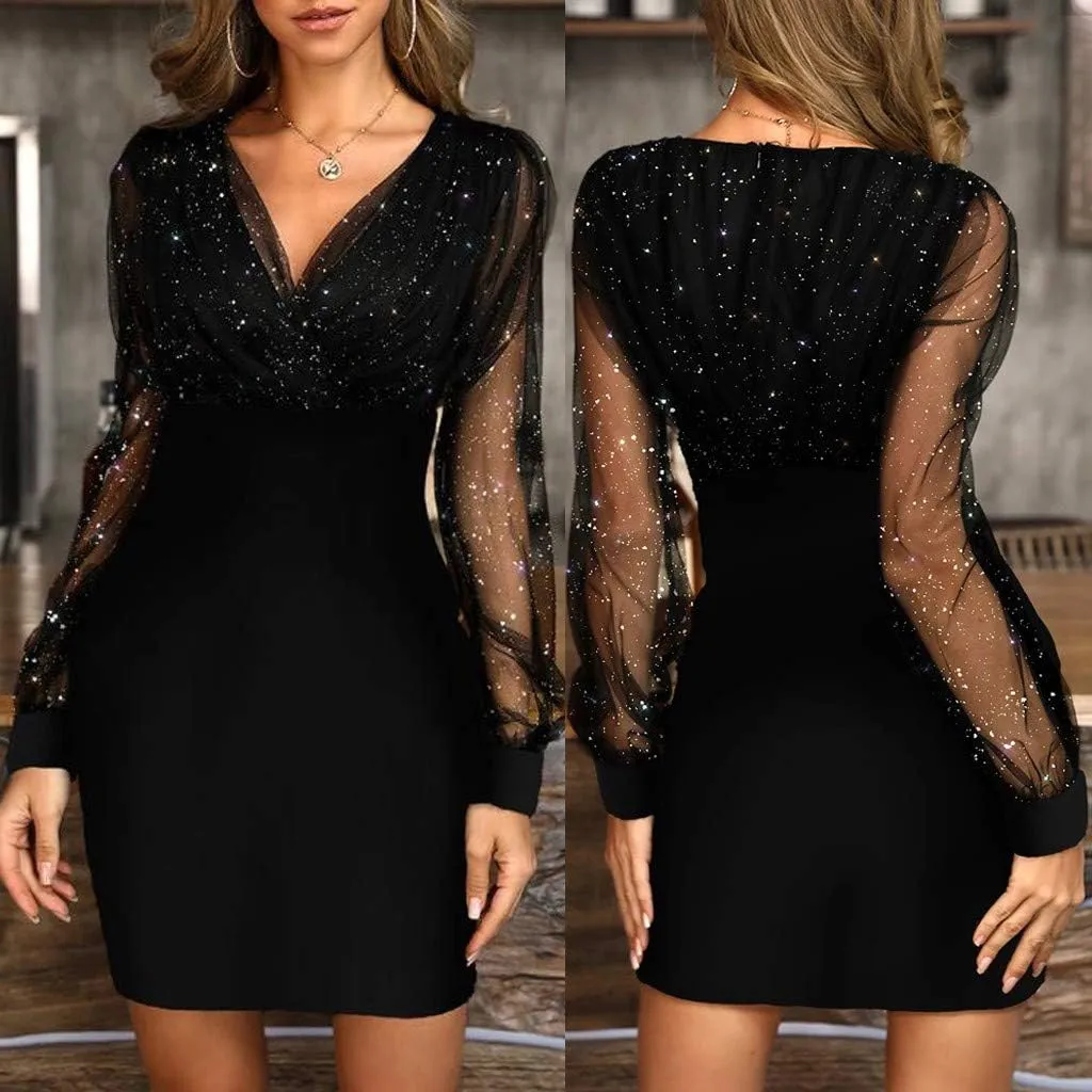 Women's V Neck Sexy Semi-Sheer Long Sleeve Bodycon Mini Dress Sparkly Sequin Ruched Evening Party Going Out Dresses