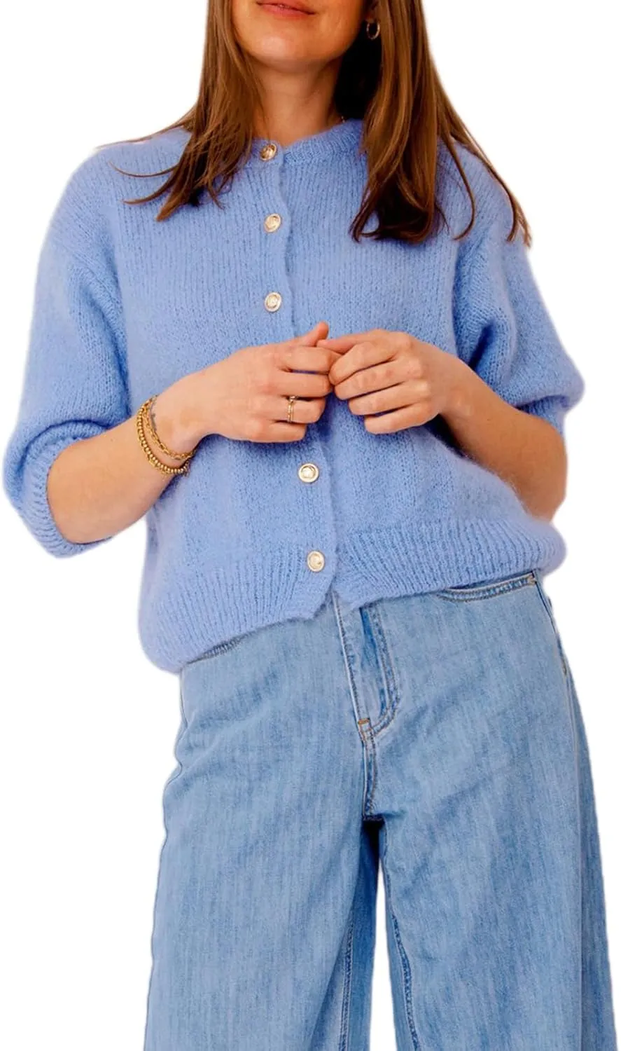 Women's Y2K Button Down Cardigans Shirts Summer Short Sleeve Knitted Blouse Top Going Out Cropped Knit Tops