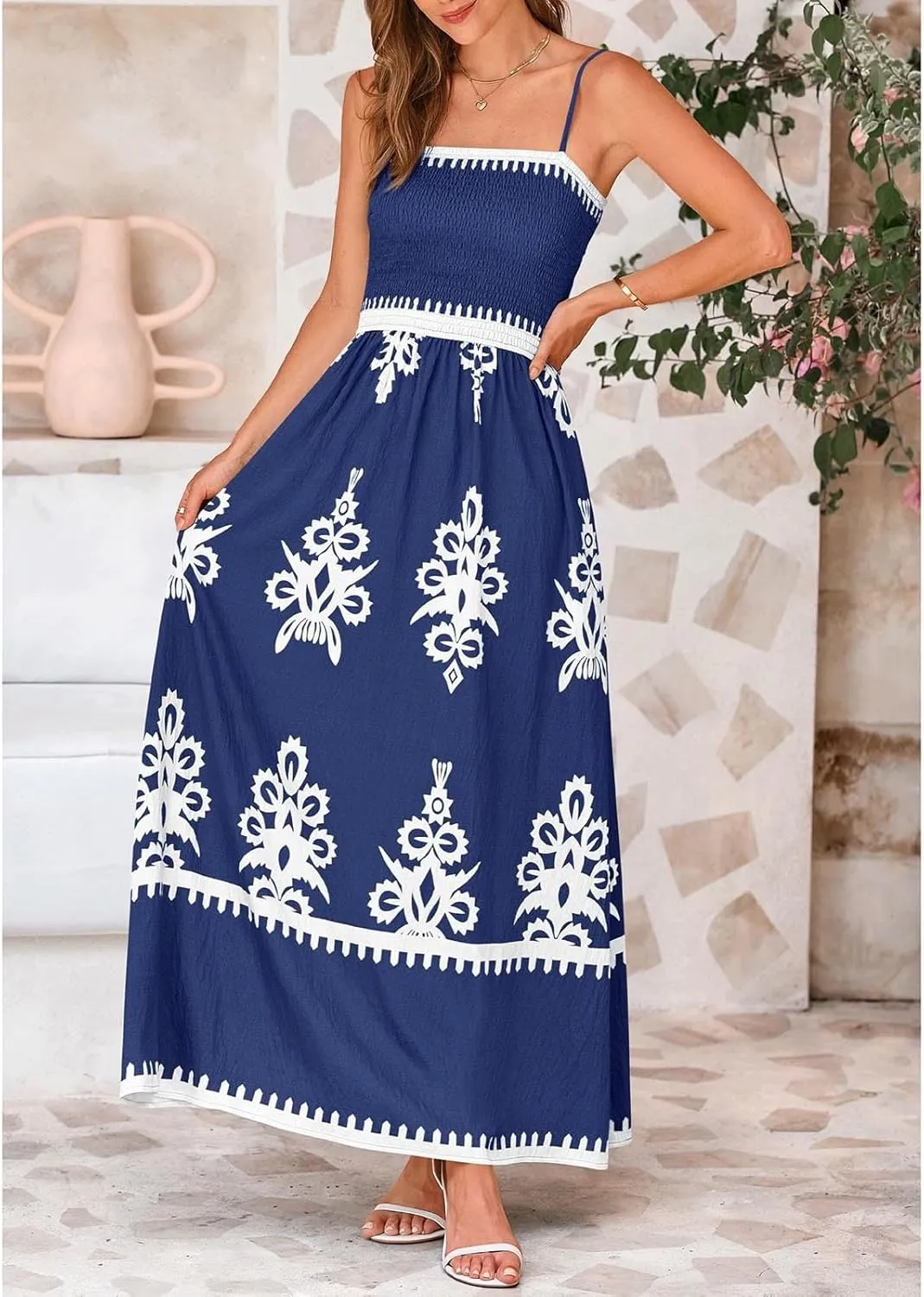 XOWRTE Women's 2025 Summer Spaghetti Straps Sleeveless Backless Sundress Flowy Smocked Elastic Chest Swing A Line Midi Dress