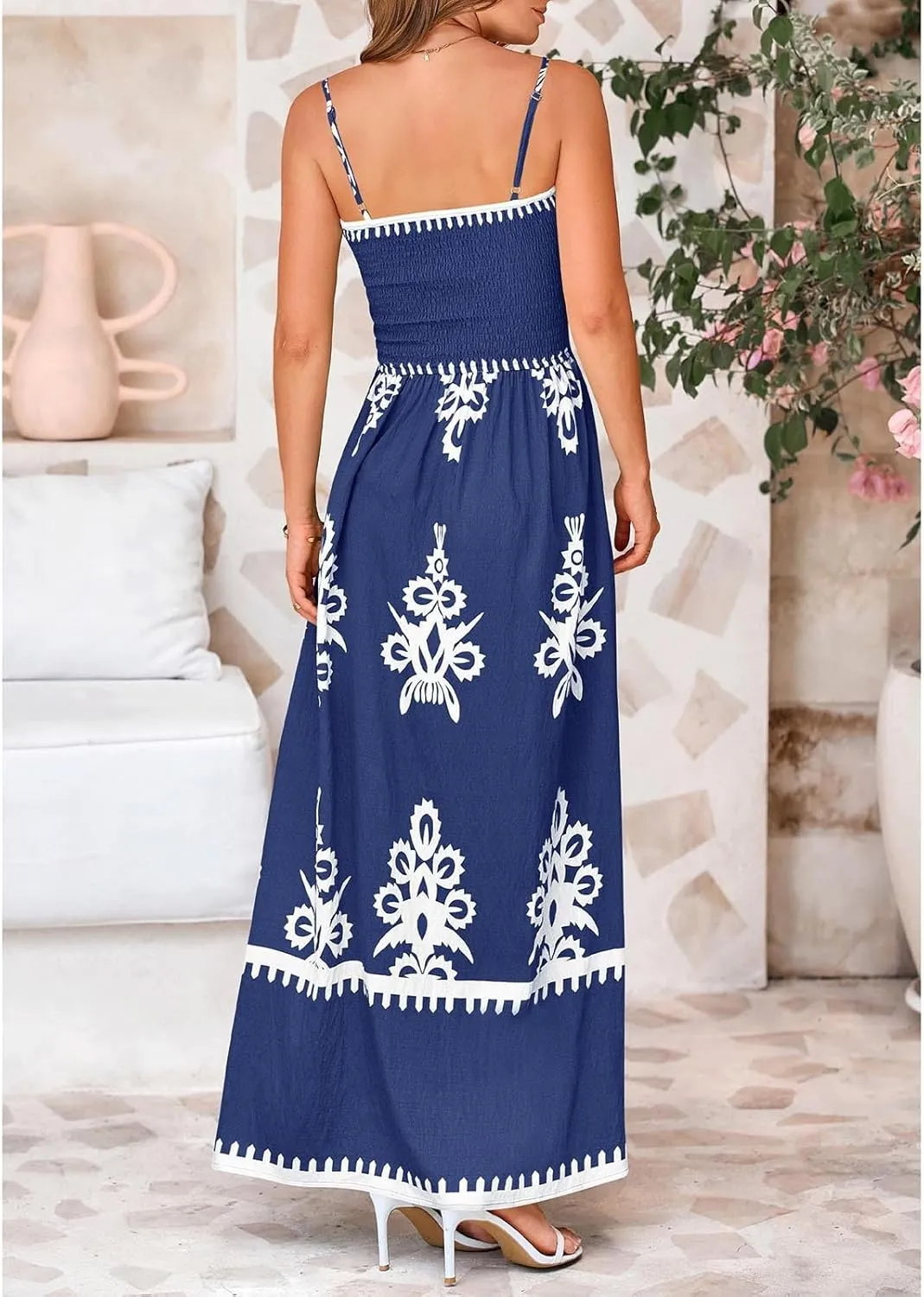 XOWRTE Women's 2025 Summer Spaghetti Straps Sleeveless Backless Sundress Flowy Smocked Elastic Chest Swing A Line Midi Dress