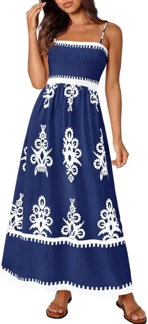 XOWRTE Women's 2025 Summer Spaghetti Straps Sleeveless Backless Sundress Flowy Smocked Elastic Chest Swing A Line Midi Dress
