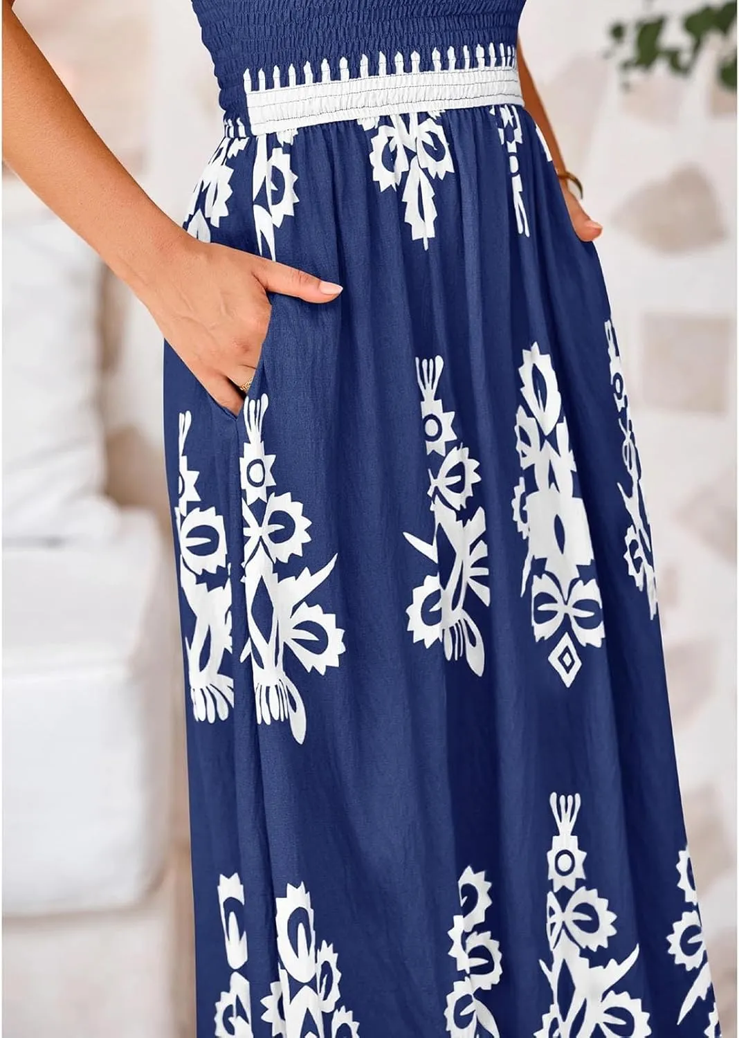 XOWRTE Women's 2025 Summer Spaghetti Straps Sleeveless Backless Sundress Flowy Smocked Elastic Chest Swing A Line Midi Dress