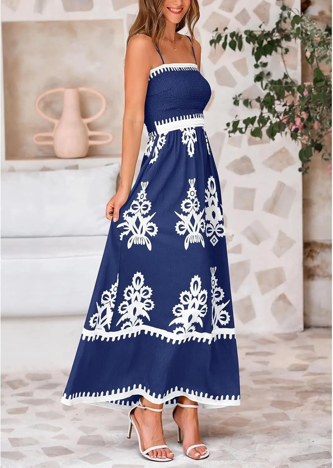 XOWRTE Women's 2025 Summer Spaghetti Straps Sleeveless Backless Sundress Flowy Smocked Elastic Chest Swing A Line Midi Dress