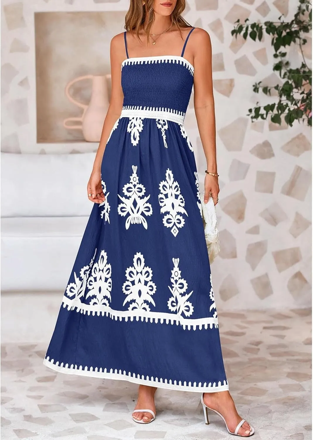 XOWRTE Women's 2025 Summer Spaghetti Straps Sleeveless Backless Sundress Flowy Smocked Elastic Chest Swing A Line Midi Dress