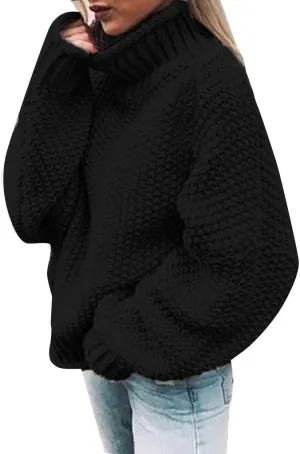 XUETON Womens Oversized Turtleneck Sweater Batwing Long Sleeve Casual Lightweight Loose Chunky Knit Pullover Knit Jumper Tops(Black,Large)