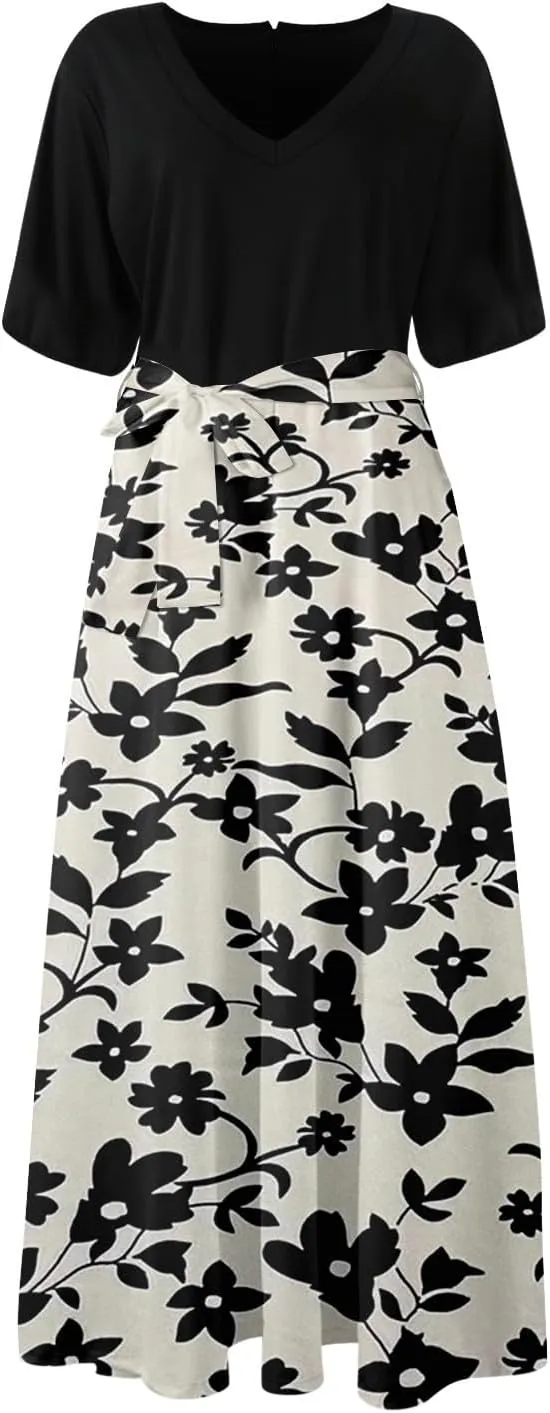 ZEFOTIM Long Dresses for Women Casual Sexy Floral Dress Short Sleeve V Neck Dresses with Slit