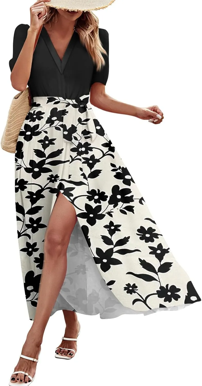 ZEFOTIM Long Dresses for Women Casual Sexy Floral Dress Short Sleeve V Neck Dresses with Slit