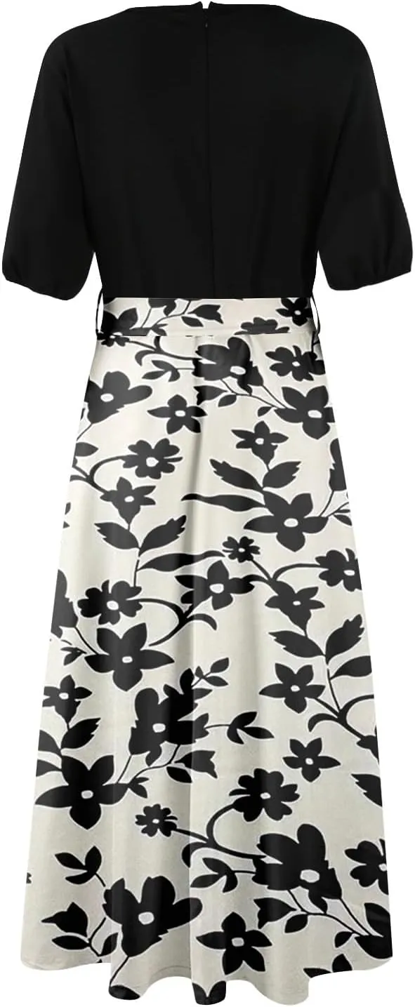 ZEFOTIM Long Dresses for Women Casual Sexy Floral Dress Short Sleeve V Neck Dresses with Slit