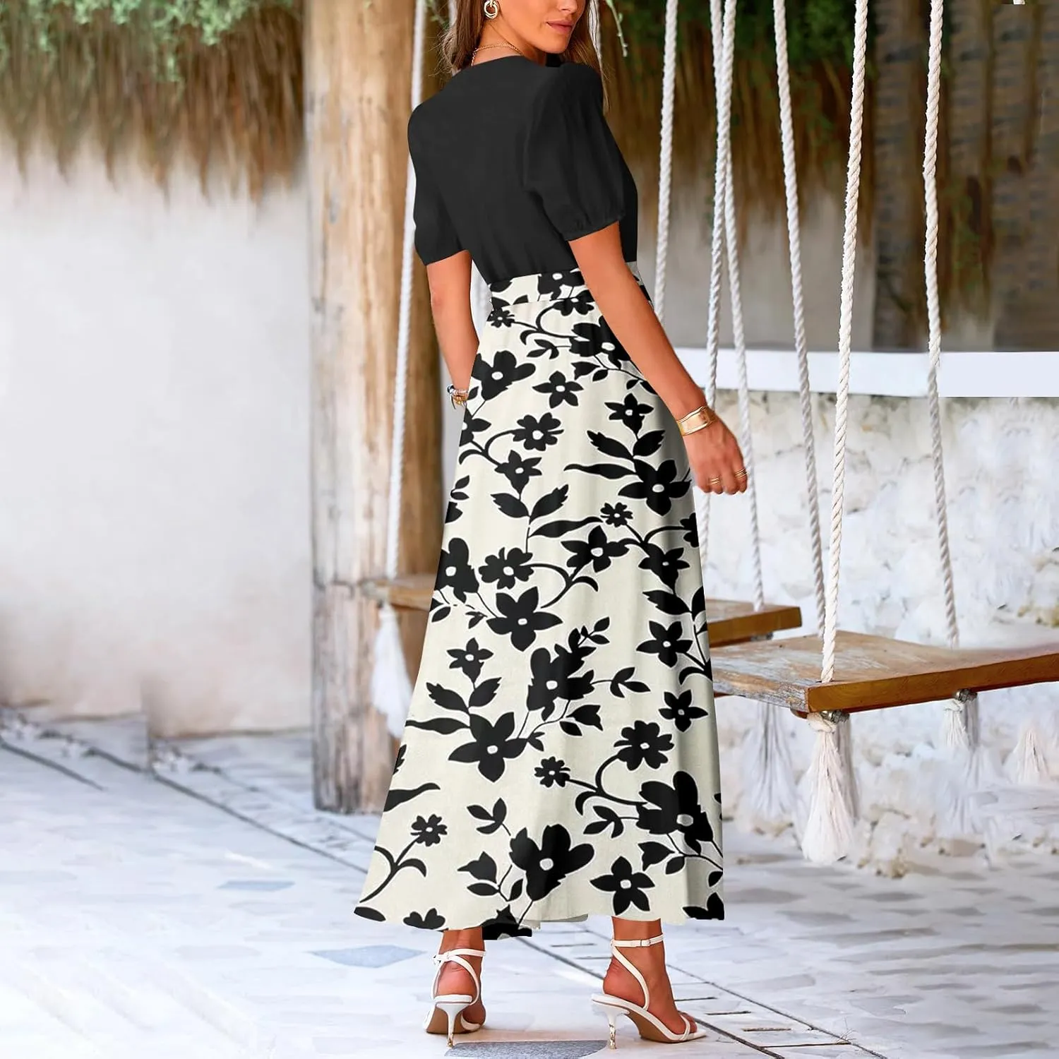 ZEFOTIM Long Dresses for Women Casual Sexy Floral Dress Short Sleeve V Neck Dresses with Slit