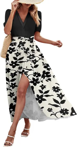 ZEFOTIM Long Dresses for Women Casual Sexy Floral Dress Short Sleeve V Neck Dresses with Slit
