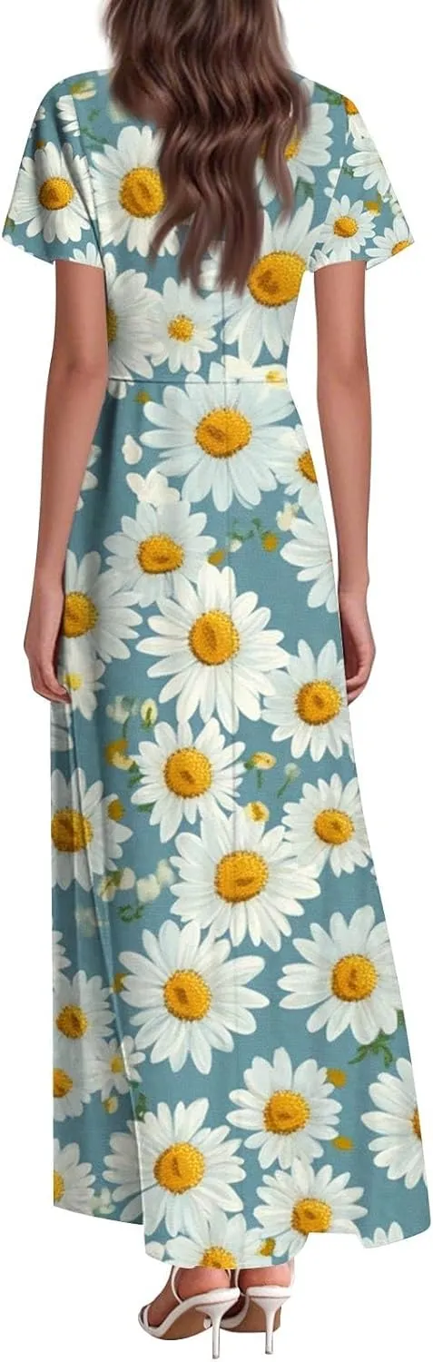 ZEFOTIM Long Dresses for Women Cute Floral Dress Short Sleeve V Neck Dresses
