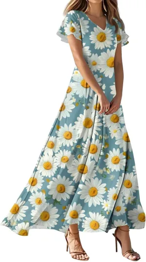 ZEFOTIM Long Dresses for Women Cute Floral Dress Short Sleeve V Neck Dresses
