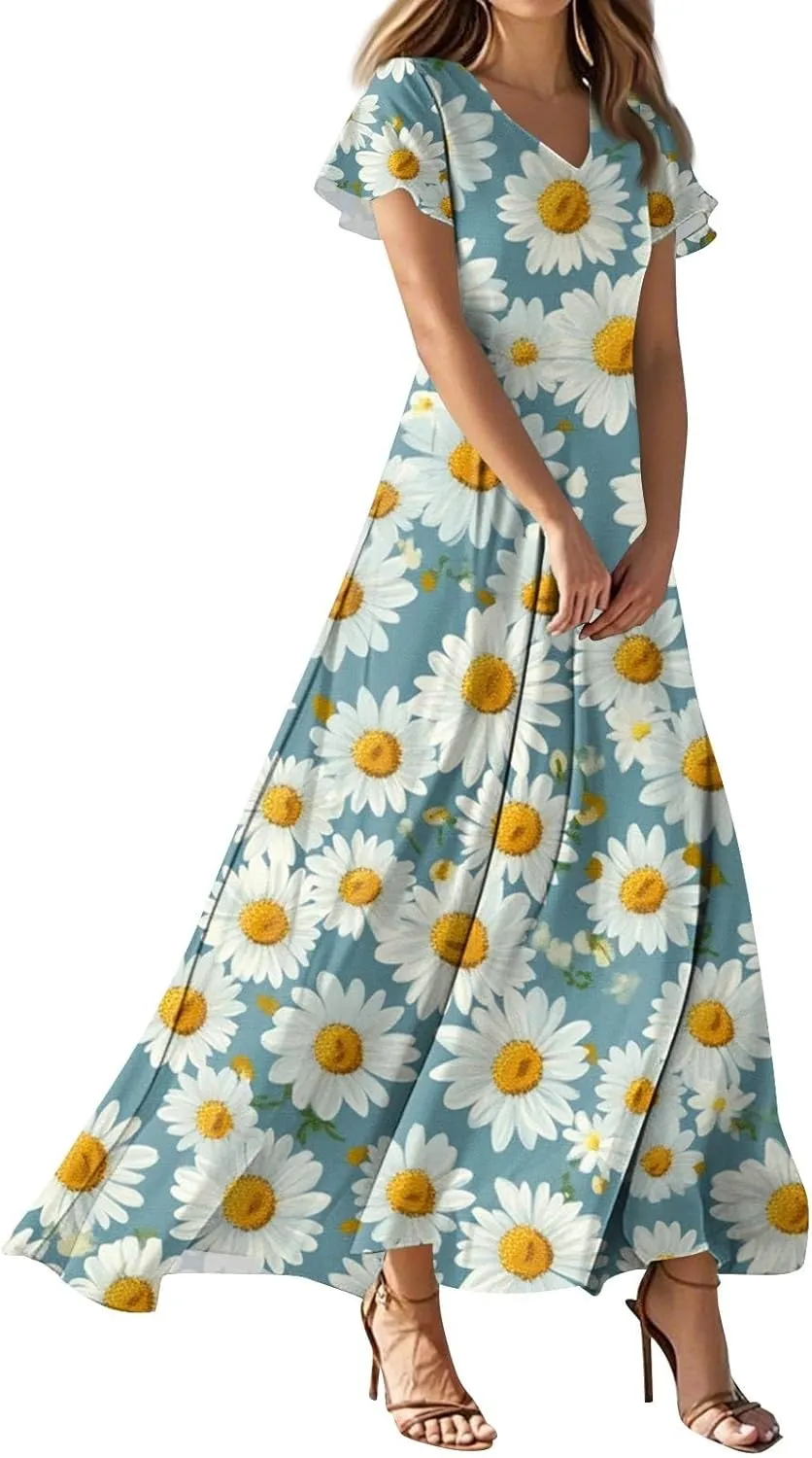 ZEFOTIM Long Dresses for Women Cute Floral Dress Short Sleeve V Neck Dresses