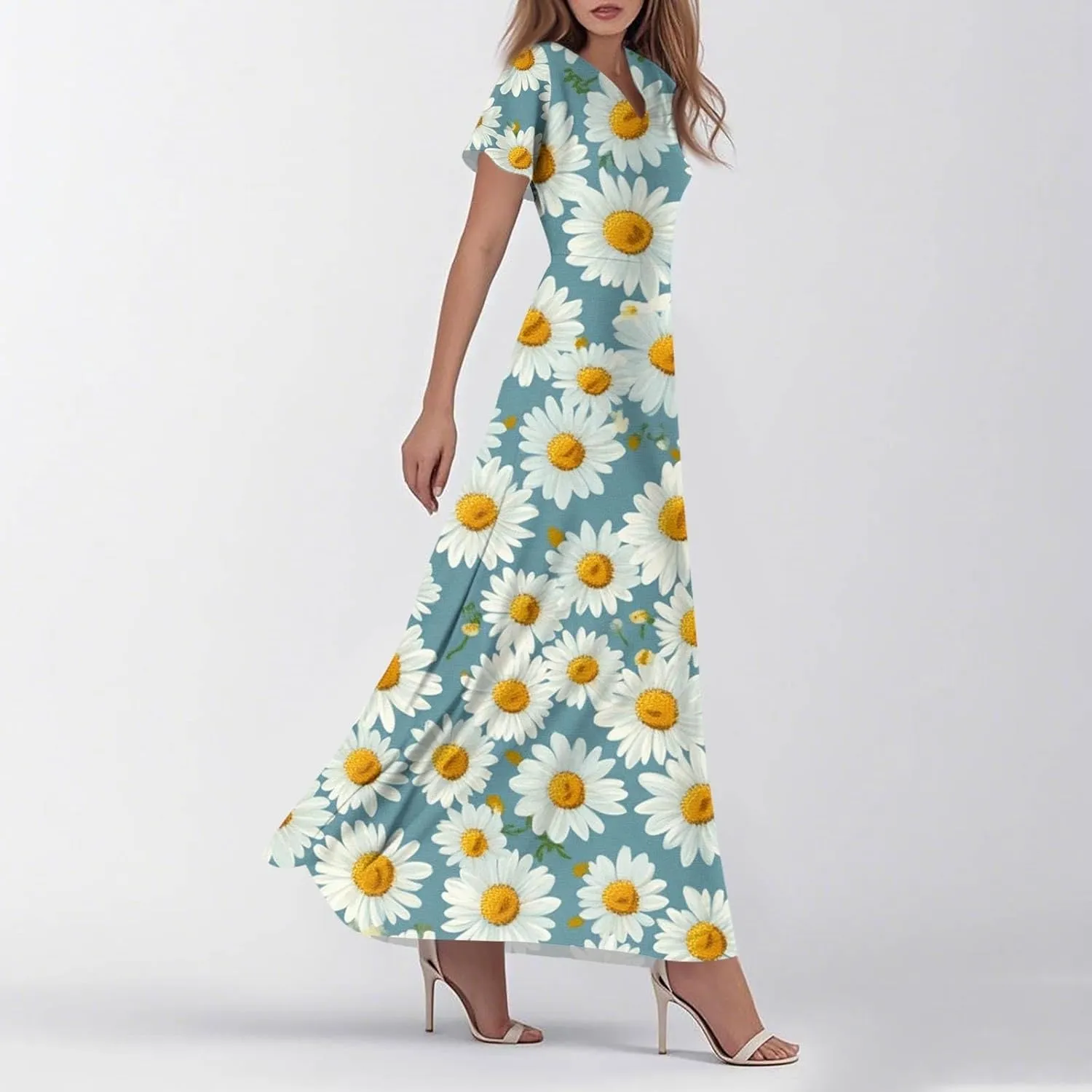 ZEFOTIM Long Dresses for Women Cute Floral Dress Short Sleeve V Neck Dresses
