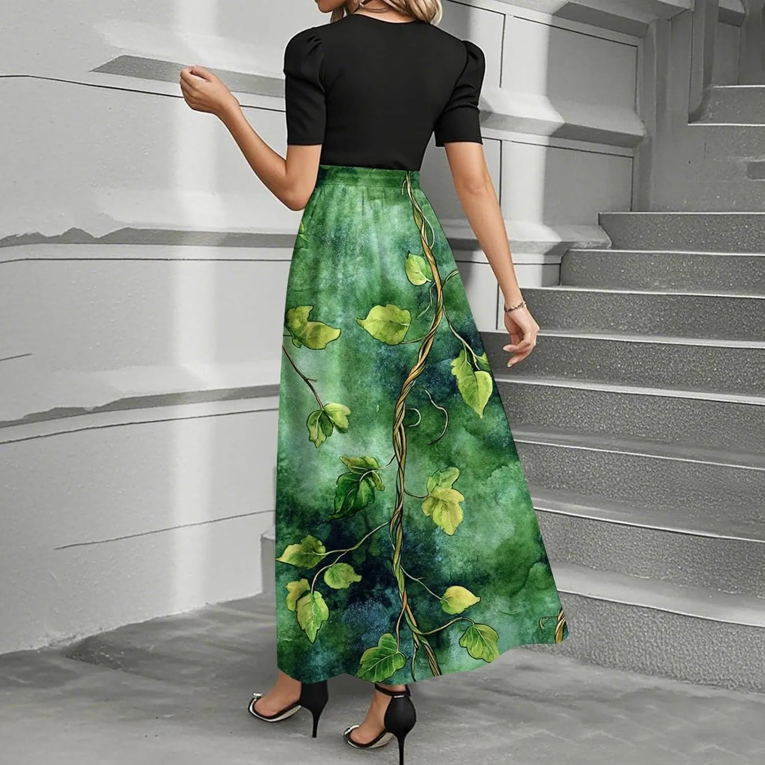 ZEFOTIM Long Flowy Dresses for Women Cute Floral Dress Short Sleeve Crew Neck Dresses with Belt