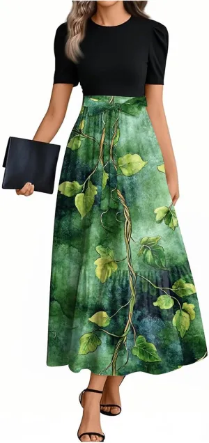 ZEFOTIM Long Flowy Dresses for Women Cute Floral Dress Short Sleeve Crew Neck Dresses with Belt