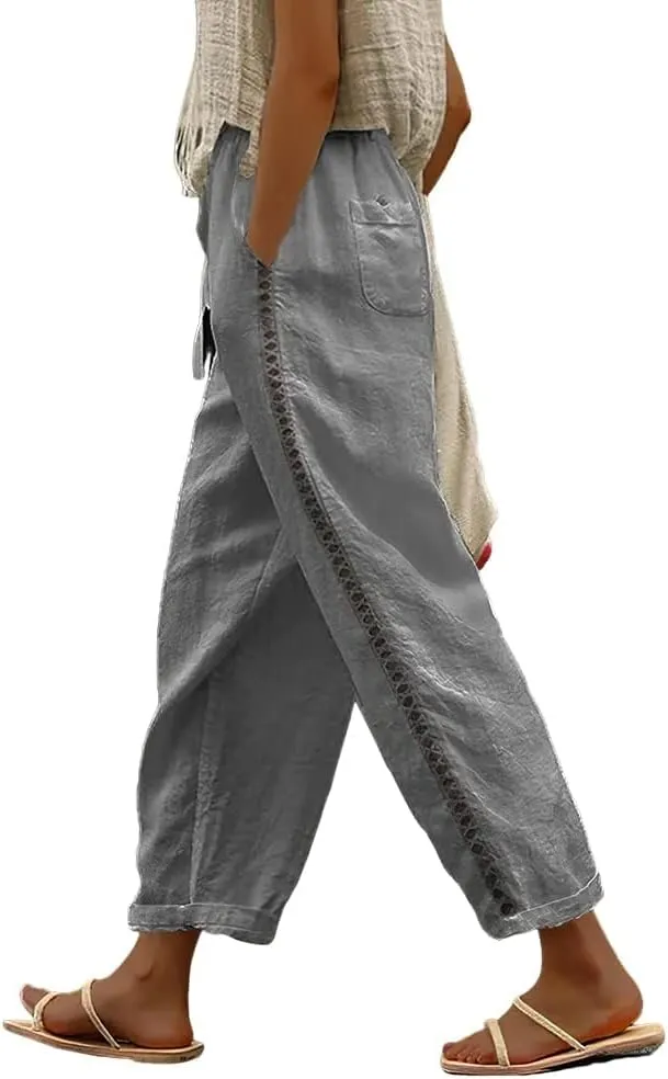 ZOCANIA Women's Summer Casual Linen Pants Elastic Waist Relaxed Fit Straight Leg Crop Pants Beach Trousers with Pockets