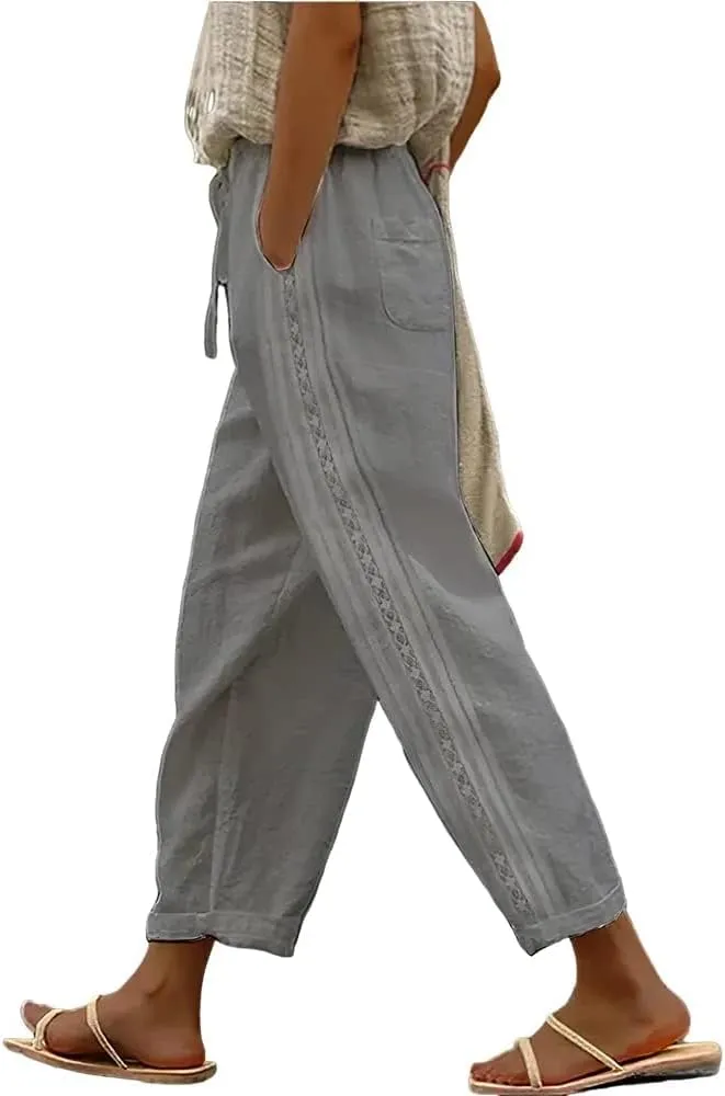 ZOCANIA Women's Summer Casual Linen Pants Elastic Waist Relaxed Fit Straight Leg Crop Pants Beach Trousers with Pockets