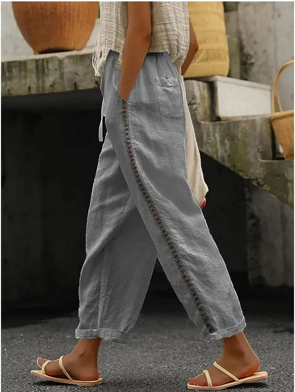ZOCANIA Women's Summer Casual Linen Pants Elastic Waist Relaxed Fit Straight Leg Crop Pants Beach Trousers with Pockets